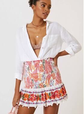 Farm Rio Spring Bananas Smocked Mini Skirt Pom Pom Floral NWT Size L 297304